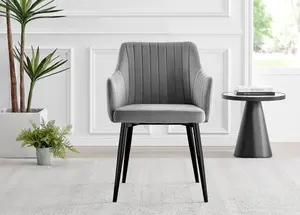 Set of 2 Calla Elephant Grey Deep Padded High Arm Soft Touch Stitched Velvet Black Powder Coated Leg Dining Chairs