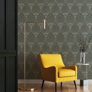 Grandeco Art Deco Nile Palm Textured Wallpaper, Black Gold