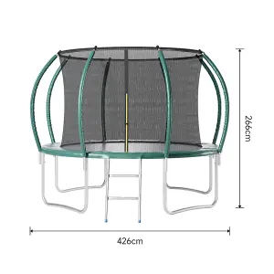 14ft Outdoor Round Trampoline with Safety Net Enclosure and Ladder, Dark Green