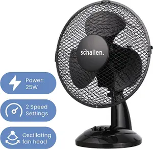 Schallen Small 9" Portable Desk Table Oscillating Cooling Fan with 2 Speed Setting & Quiet Operation in Black