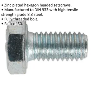 50 Pack M8 x 16mm Zinc Setscrews - Grade 8.8 Fully Threaded DIN 933