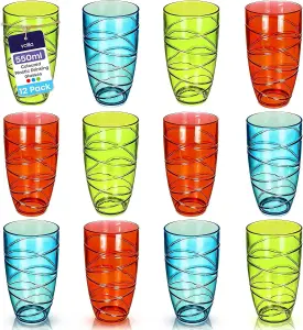 12 Pack Coloured Plastic Drinking Glasses Shatterproof Acrylic Tumblers, Reusable, Stackable Cups for Parties, Picnics & Daily Use