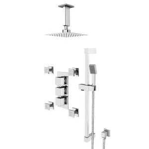 Nes Home Olive Square 3 Way Concealed Thermostatic Shower Mixer Valve, Shower Head, Handset, Slider Rail, 4x Body Jets Set