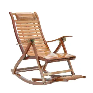 Foldable Adjustable Bamboo Indoor and Outdoor Recliner Chair Sun Lounge Rocking Chair with Retractable Footrest Brown