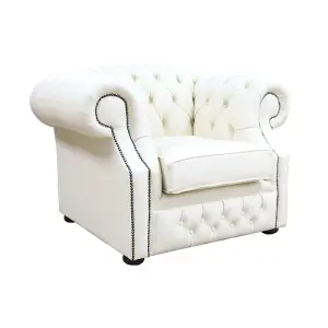 Chesterfield Club Chair Cottonseed Cream Real Leather In Buckingham Style