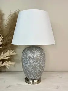 Grey Floral Ceramic Table Lamp with Plain Shade