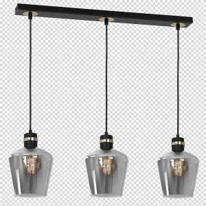 Milagro Richmond Black/Gold Pendant Lamp 3XE27 Stunning Hand Made Smoked Glass Quality Matt Black Fittings With Gold Detail