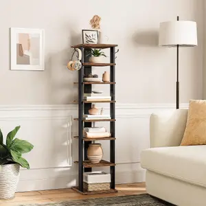 Shoe Rack Wooden, Tall Shoe Rack, Narrow Shoe Storage Organizer with 2 Hooks, Slim Shoe Shelf, Vertical Shoe Tower for Entrance,