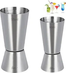 Set Of 2 Stainless Steel 25/50 Ml & 15/30 Ml Cocktail Jigger Spirit Measure Cup, Shot Measure Dual Measuring Cup For Bar Party Wine Cocktail Drink