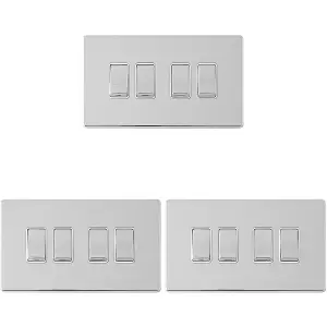 3 PACK 4 Gang QUAD Light Switch SCREWLESS POLISHED CHROME 2 Way 10A Rocker