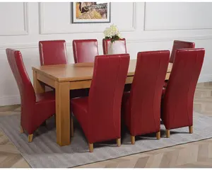 Dakota 182 x 92 cm Chunky Oak Large Dining Table and 8 Chairs Dining Set with Lola Burgundy Leather Chairs