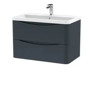 Wall Hung 2 Drawer Vanity Basin Unit with Polymarble Basin, 800mm - Soft Black