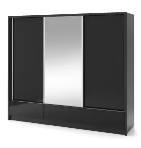 Aria I Sliding Door Wardrobe 254cm in Black Gloss & Matt - Spacious Modern Storage with Mirror and Interior Organisation