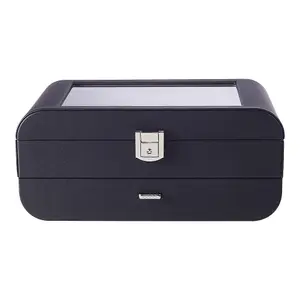 Sleek Black Faux Leather Jewelry Box with Transparent Lid