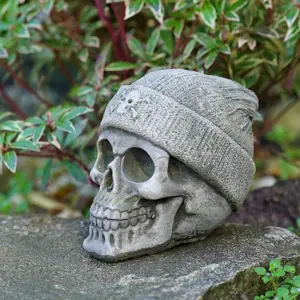 Beanie Skull Stone Statue Outdoor Gothic Skeleton Garden Ornament Decoration