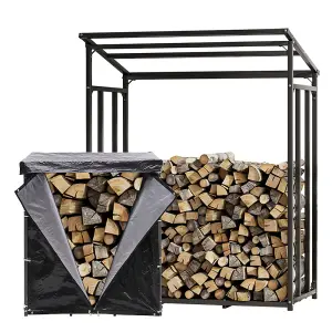 Firewood Rack Holder Metal Tube Log Storage Store with PE Cover 4.4 x 2 ft