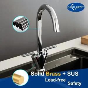 BATHWEST Kitchen Taps Mixer Swan Neck Dual Lever 360 Swivel Kitchen Mixer Tap Multi-Layer Chrome Brass Kitchen Sink Tap