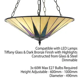 Tiffany Glass Hanging Ceiling Pendant Light Dark Bronze 3 Lamp Shade i00096