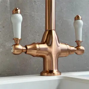 Liquida W22CP Traditional Swivel Spout Twin Lever Copper Kitchen Mixer Tap