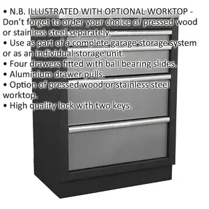 680mm Modular 4 Drawer Floor Cabinet - Ball Bearing Slides - Locking - 2 Keys