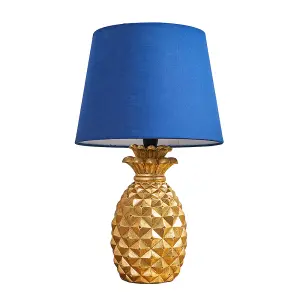 ValueLights Pineapple Design Table Lamp In Gold Effect Finish With Navy Blue Shade With 4w LED Golfball Bulb In Warm White