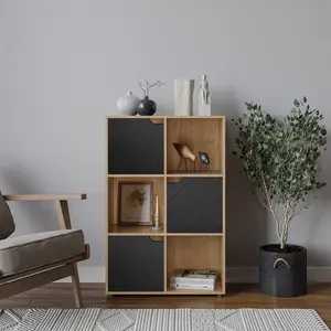 URBNLIVING 91cm Height Oak Wooden Cube Bookcase with Black Line Door Display Shelf Storage Shelving Cupboard