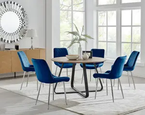 Furniturebox UK Santorini Brown Round Round Dining Table And 6 Navy Pesaro Silver Leg Chairs