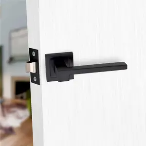 1 Set of Zeta Door Handles Bathroom Set On Square Rose Matte Black Finish with Bathroom Mortise Lock and Thumbturn  - GG