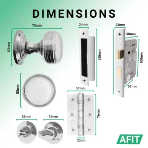 AFIT Lined Bathroom Door Knob Set Polished Chrome - 1 Pair of Mortice Knobs (55mm), Lock (80mm) & Hinges (76mm) for Internal Doors