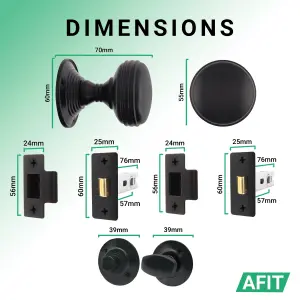 AFIT Lined Door Knob Set Matt Black - 1 Pair of Mortice Knobs 55mm, Latch & Deadbolt Kit 76mm & Turn & Release for Internal Doors