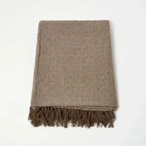 Homescapes Malda Brown & Natural Cotton Throw with Tassels 225 x 255 cm