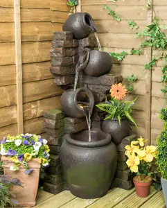 Primrose York 3-Tier Cascading Jars Garden Outdoor Water Feature Fountain & Planter with Lights H120cm