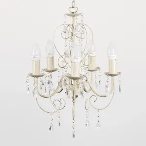 ValueLights Lille Cream Ornate 5 Way Ceiling Light Chandelier with Acrylic Jewels and 5 LED SES E14 Frosted Glass Candle Bulbs