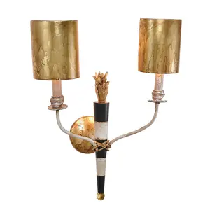 Twin Wall Light Sconce Black & White Central Stem Gold Shades LED E14 60W