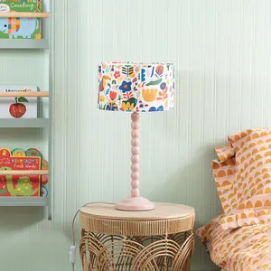 Rose Pink Bobbin Stem Table Lamp with Jungle Drum Shade for Living Room Bedroom