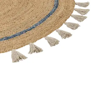 Round Jute Area Rug 140 cm Beige and Blue OBAKOY