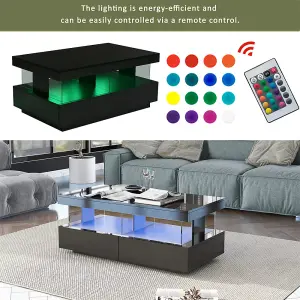 Coffee Table for Living Room, High Gloss Tea Table with 16-Color LED Lights, 2 Drawers and Open Storage Space,  Black