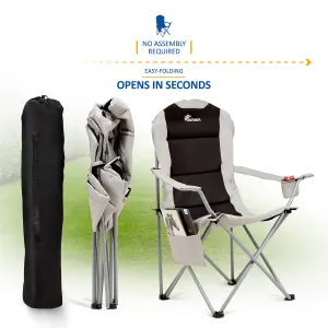 SUNMER Set of 2 Padded Camping Chairs with Cup Holder and Side Pockets - Black & Grey