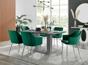 Imperia Grey High Gloss 6 Seater Dining Table with Structural 2 Plinth Column Legs 6 Green Velvet Silver Leg Calla Art Deco Chairs