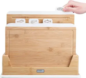 Cooks Professional Bamboo Index Chopping Boards with Stand, Wood Cutting Boards Veg, Meat & Fish White