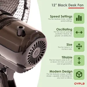 Oypla Electrical 12" 3 Speed Oscillating Black Electric Desk Home Office Fan