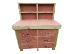 Wooden Eucalyptus hardwood top workbench, tool cabinet with drawers (V.2) (H-90cm, D-70cm, L-120cm) with back