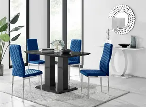 Furniturebox Imperia 4 Modern Black High Gloss Dining Table and 4 Navy Velvet Milan Chairs