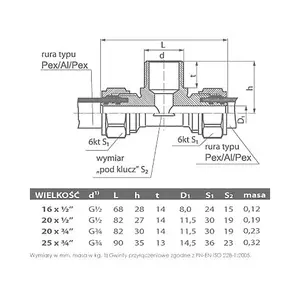 Invena PEX-AL-PEX 16mm x 1/2" Male BSP x 16mm Compression Fittings Tee Connector