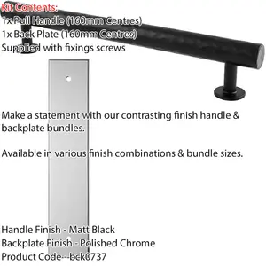 Pull Handle & Contrasting Backplate Set - Hammered Round T Bar - Matt Black & Chrome