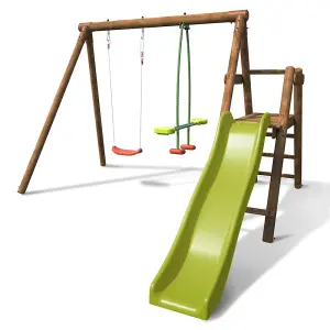 Menthe Double Wooden Swing Set with Slide