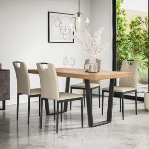 Aria Dining Table And Chairs -  Oak Effect Table Top w Black Legs + Monza Faux Leather Dining Chair Set Of 6 (Beige)