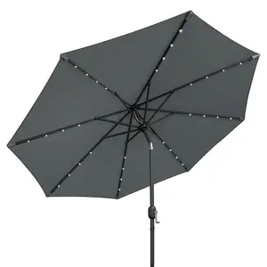 GardenKraft 2.7m Charcoal Grey Outdoor Garden Parasol with 32 Solar LED Lights