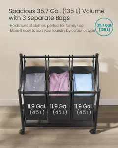 SONGMICS Rolling Laundry Sorter, Laundry Basket with 3 Removable Bags, Laundry Hamper, Laundry Trolley, Ink Black