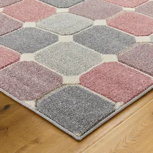 Modern Easy to Clean Chequered Geometric Pink Rug for Dining Room-200cm X 285cm